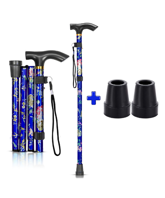 Foldable Blue Floral Walking Stick with Wrist Strap & Extra Rubber Tips