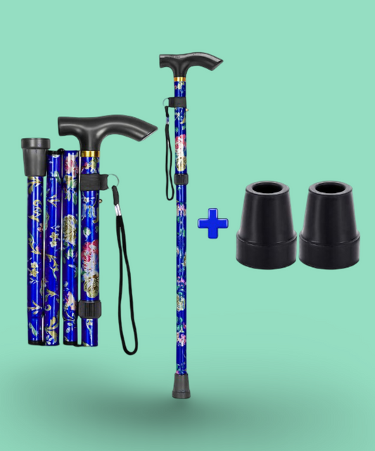 Foldable Blue Floral Walking Stick with Wrist Strap & Extra Rubber Tips