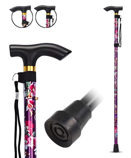 Foldable Walking Stick For Men Purple Color Flower - Plastic