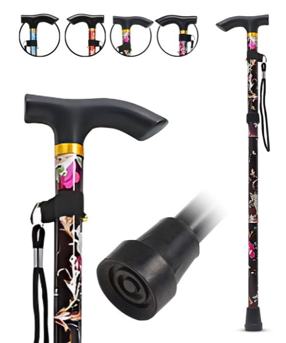 Foldable Black Walking Stick with Floral Wrap – Lightweight Plastic for Men & Women