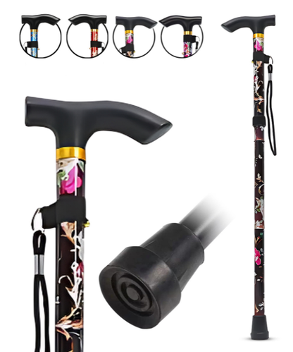 Foldable Black Walking Stick with Floral Wrap – Lightweight Plastic for Men & Women