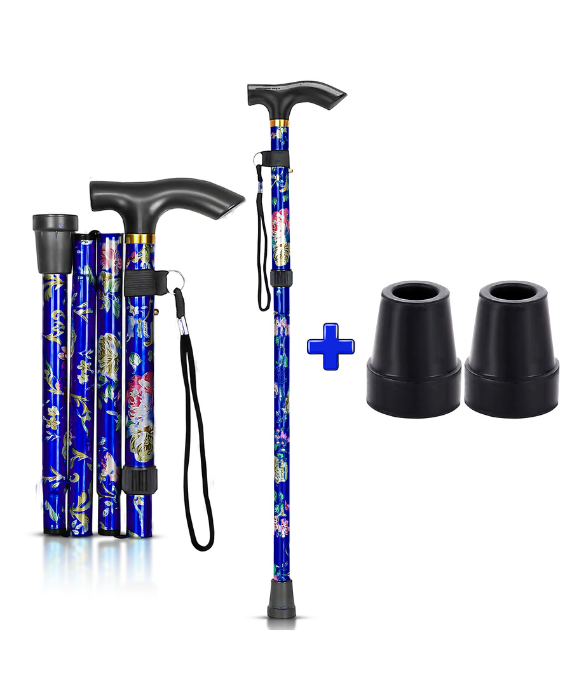 Foldable Blue Floral Walking Stick with Wrist Strap & Extra Rubber Tips