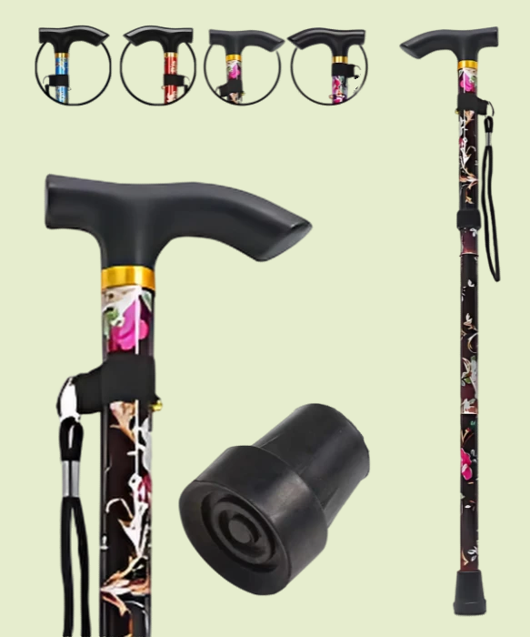 Foldable Black Walking Stick with Floral Wrap – Lightweight Plastic for Men & Women