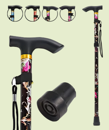Foldable Black Walking Stick with Floral Wrap – Lightweight Plastic for Men & Women